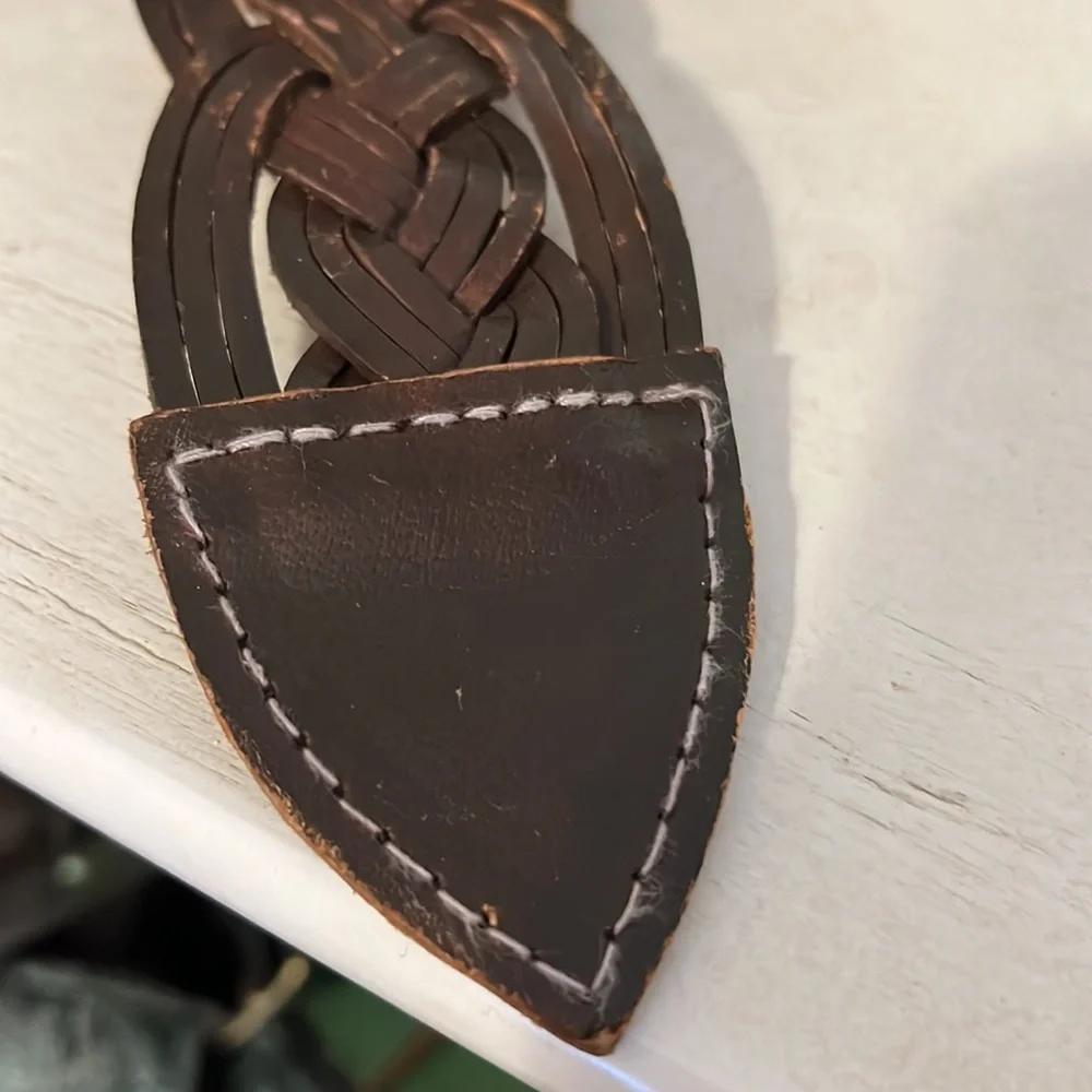 Handmade vintage woven leather brass clip wide ladies belt oversized